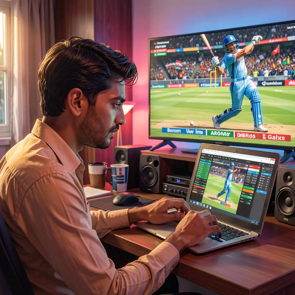 KASH7777 – Enjoy smooth and reliable online sports betting in Bangladesh Focused Bangladeshi sports bettor using a laptop at home with a live cricket match on TV while placing bets on the KASH7777 platform