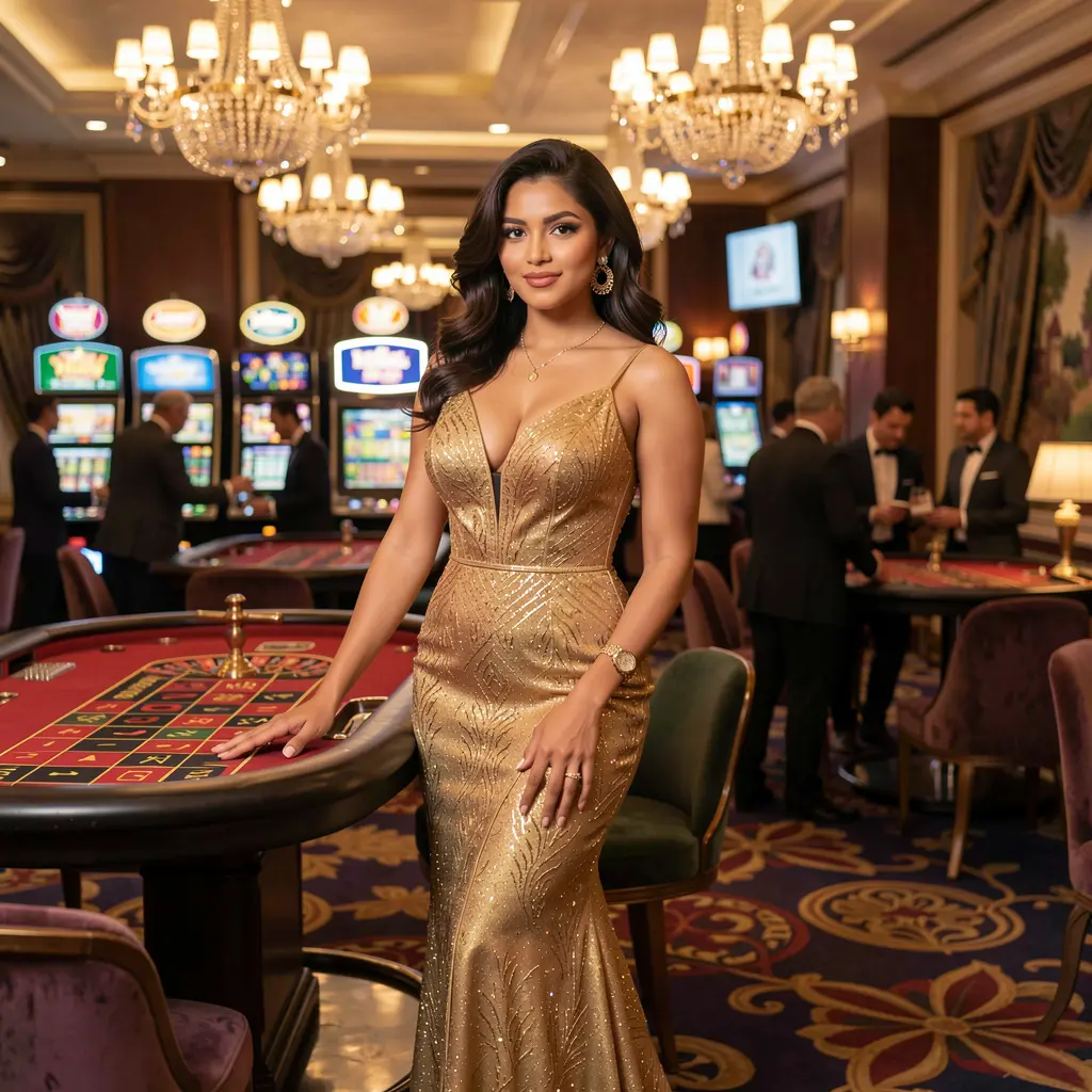 KASH7777 – Experience high class casino entertainment in Bangladesh Confident casino hostess in a luxury golden dress standing by a roulette wheel in a glamorous gaming hall at KASH7777 casino in Bangladesh