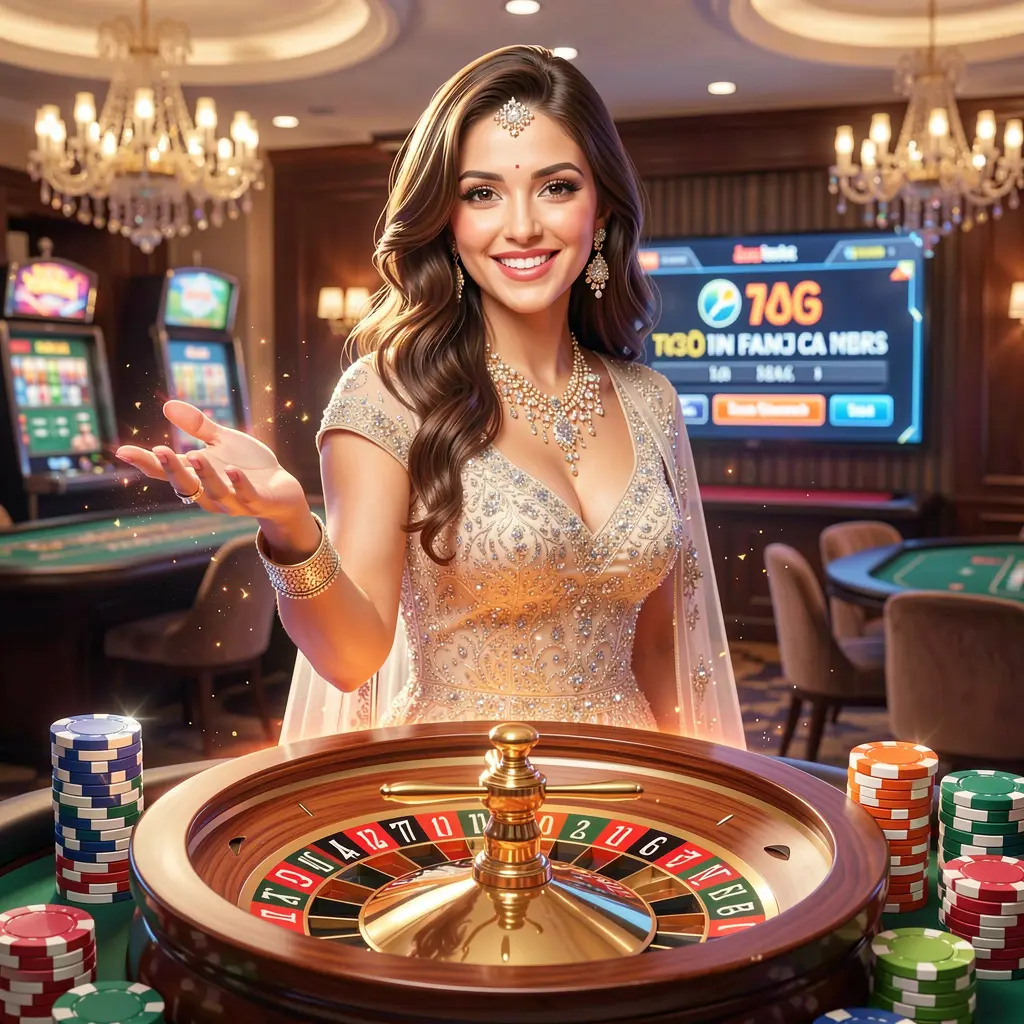 KASH7777 Login – Enter the exciting world of online casino games in Bangladesh Smiling Bangladeshi casino hostess welcoming players into the vibrant world of KASH7777 with glowing roulette wheels and poker chips